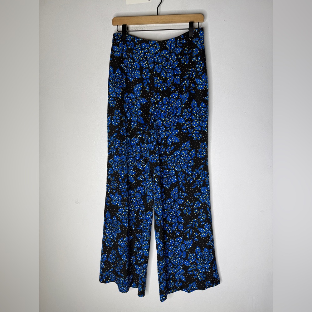diane von furstenberg Blue Black Floral Galaxy Print Polka Dot Wide Leg Pants 6